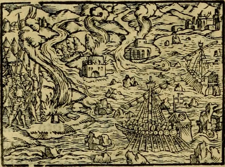 An illustration from Erste Theil der Hoffhaltung des Türckhischen Keysers vnd Othomañischen Reichs Beschreibung : darinn nicht allein der Türcken Empter ... sonder auch aller Türckischen Keysern Namen, Thaten, Krieg vnd Handel, so sie wider die Christen vnd Heyden haben verbracht, biss auff diss M.D.LXXVIII. Jar erstreckt vnd aussgeführet, auff das fleissigst verzeichnet vnd beschrieben : dessgleichen von der Türcken Aberglauben, Religion, Gottesdienst vnd Ceremonien ... : der ander Theil, wahrhaffte Beschreibung aller namhafften Geschichten, Thaten, Handlungen, Krieg ... so sich zwischen den Turcken vnd Christen vom Jar M.D.XX. biss auff das M.D.LXXVIII. Jar ... haben verloffen vnd zugetragen, 1578, leaf 203