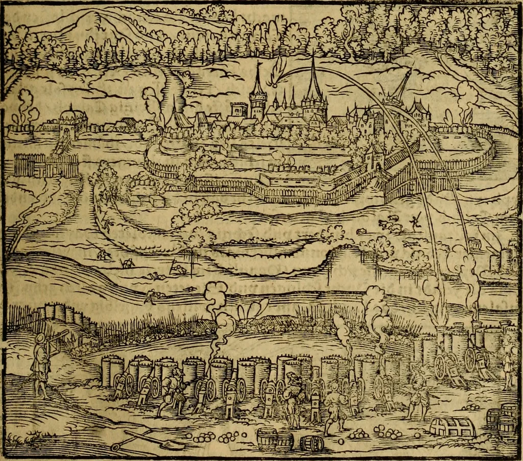 An illustration from Erste Theil der Hoffhaltung des Türckhischen Keysers vnd Othomañischen Reichs Beschreibung : darinn nicht allein der Türcken Empter ... sonder auch aller Türckischen Keysern Namen, Thaten, Krieg vnd Handel, so sie wider die Christen vnd Heyden haben verbracht, biss auff diss M.D.LXXVIII. Jar erstreckt vnd aussgeführet, auff das fleissigst verzeichnet vnd beschrieben : dessgleichen von der Türcken Aberglauben, Religion, Gottesdienst vnd Ceremonien ... : der ander Theil, wahrhaffte Beschreibung aller namhafften Geschichten, Thaten, Handlungen, Krieg ... so sich zwischen den Turcken vnd Christen vom Jar M.D.XX. biss auff das M.D.LXXVIII. Jar ... haben verloffen vnd zugetragen, 1578, leaf 206