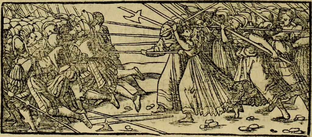 An illustration from Erste Theil der Hoffhaltung des Türckhischen Keysers vnd Othomañischen Reichs Beschreibung : darinn nicht allein der Türcken Empter ... sonder auch aller Türckischen Keysern Namen, Thaten, Krieg vnd Handel, so sie wider die Christen vnd Heyden haben verbracht, biss auff diss M.D.LXXVIII. Jar erstreckt vnd aussgeführet, auff das fleissigst verzeichnet vnd beschrieben : dessgleichen von der Türcken Aberglauben, Religion, Gottesdienst vnd Ceremonien ... : der ander Theil, wahrhaffte Beschreibung aller namhafften Geschichten, Thaten, Handlungen, Krieg ... so sich zwischen den Turcken vnd Christen vom Jar M.D.XX. biss auff das M.D.LXXVIII. Jar ... haben verloffen vnd zugetragen, 1578, leaf 207