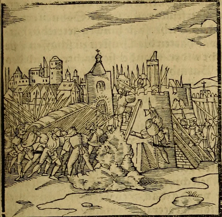 An illustration from Erste Theil der Hoffhaltung des Türckhischen Keysers vnd Othomañischen Reichs Beschreibung : darinn nicht allein der Türcken Empter ... sonder auch aller Türckischen Keysern Namen, Thaten, Krieg vnd Handel, so sie wider die Christen vnd Heyden haben verbracht, biss auff diss M.D.LXXVIII. Jar erstreckt vnd aussgeführet, auff das fleissigst verzeichnet vnd beschrieben : dessgleichen von der Türcken Aberglauben, Religion, Gottesdienst vnd Ceremonien ... : der ander Theil, wahrhaffte Beschreibung aller namhafften Geschichten, Thaten, Handlungen, Krieg ... so sich zwischen den Turcken vnd Christen vom Jar M.D.XX. biss auff das M.D.LXXVIII. Jar ... haben verloffen vnd zugetragen, 1578, leaf 208