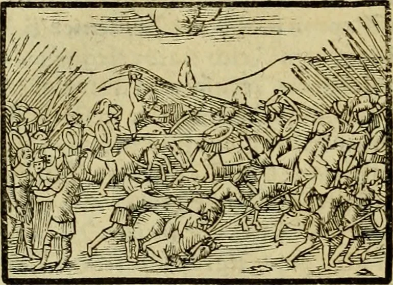 An illustration from Erste Theil der Hoffhaltung des Türckhischen Keysers vnd Othomañischen Reichs Beschreibung : darinn nicht allein der Türcken Empter ... sonder auch aller Türckischen Keysern Namen, Thaten, Krieg vnd Handel, so sie wider die Christen vnd Heyden haben verbracht, biss auff diss M.D.LXXVIII. Jar erstreckt vnd aussgeführet, auff das fleissigst verzeichnet vnd beschrieben : dessgleichen von der Türcken Aberglauben, Religion, Gottesdienst vnd Ceremonien ... : der ander Theil, wahrhaffte Beschreibung aller namhafften Geschichten, Thaten, Handlungen, Krieg ... so sich zwischen den Turcken vnd Christen vom Jar M.D.XX. biss auff das M.D.LXXVIII. Jar ... haben verloffen vnd zugetragen, 1578, leaf 209