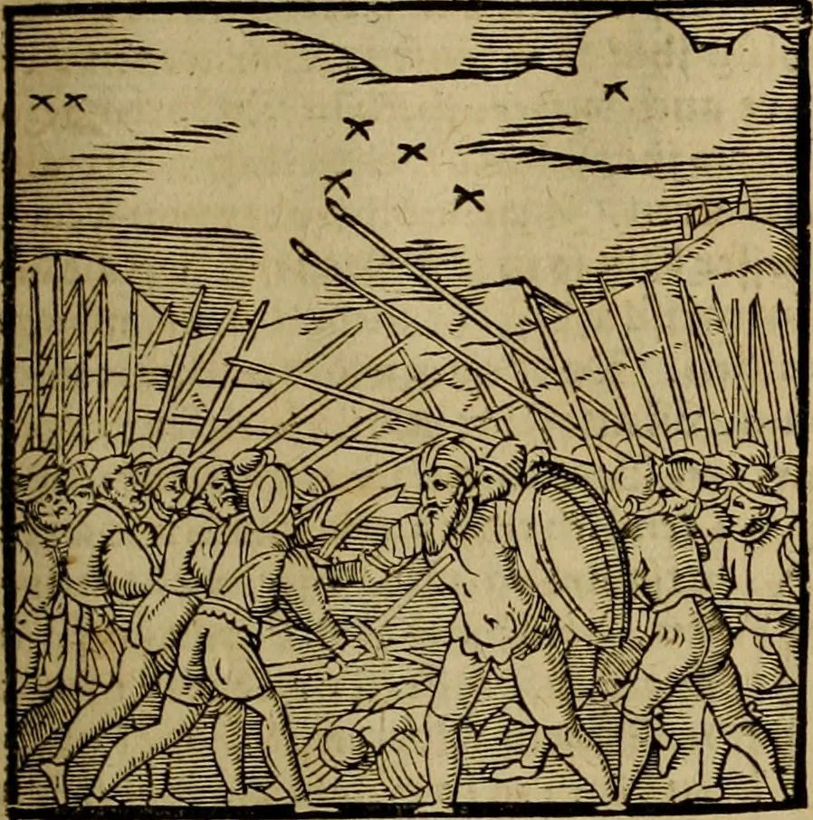 An illustration from Erste Theil der Hoffhaltung des Türckhischen Keysers vnd Othomañischen Reichs Beschreibung : darinn nicht allein der Türcken Empter ... sonder auch aller Türckischen Keysern Namen, Thaten, Krieg vnd Handel, so sie wider die Christen vnd Heyden haben verbracht, biss auff diss M.D.LXXVIII. Jar erstreckt vnd aussgeführet, auff das fleissigst verzeichnet vnd beschrieben : dessgleichen von der Türcken Aberglauben, Religion, Gottesdienst vnd Ceremonien ... : der ander Theil, wahrhaffte Beschreibung aller namhafften Geschichten, Thaten, Handlungen, Krieg ... so sich zwischen den Turcken vnd Christen vom Jar M.D.XX. biss auff das M.D.LXXVIII. Jar ... haben verloffen vnd zugetragen, 1578, leaf 210