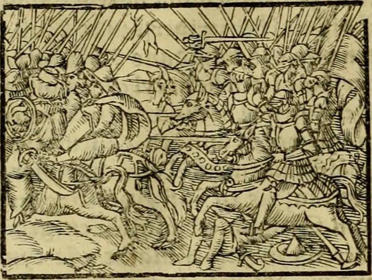 An illustration from Erste Theil der Hoffhaltung des Türckhischen Keysers vnd Othomañischen Reichs Beschreibung : darinn nicht allein der Türcken Empter ... sonder auch aller Türckischen Keysern Namen, Thaten, Krieg vnd Handel, so sie wider die Christen vnd Heyden haben verbracht, biss auff diss M.D.LXXVIII. Jar erstreckt vnd aussgeführet, auff das fleissigst verzeichnet vnd beschrieben : dessgleichen von der Türcken Aberglauben, Religion, Gottesdienst vnd Ceremonien ... : der ander Theil, wahrhaffte Beschreibung aller namhafften Geschichten, Thaten, Handlungen, Krieg ... so sich zwischen den Turcken vnd Christen vom Jar M.D.XX. biss auff das M.D.LXXVIII. Jar ... haben verloffen vnd zugetragen, 1578, leaf 211