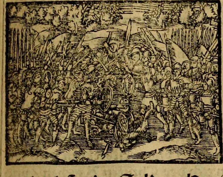 An illustration from Erste Theil der Hoffhaltung des Türckhischen Keysers vnd Othomañischen Reichs Beschreibung : darinn nicht allein der Türcken Empter ... sonder auch aller Türckischen Keysern Namen, Thaten, Krieg vnd Handel, so sie wider die Christen vnd Heyden haben verbracht, biss auff diss M.D.LXXVIII. Jar erstreckt vnd aussgeführet, auff das fleissigst verzeichnet vnd beschrieben : dessgleichen von der Türcken Aberglauben, Religion, Gottesdienst vnd Ceremonien ... : der ander Theil, wahrhaffte Beschreibung aller namhafften Geschichten, Thaten, Handlungen, Krieg ... so sich zwischen den Turcken vnd Christen vom Jar M.D.XX. biss auff das M.D.LXXVIII. Jar ... haben verloffen vnd zugetragen, 1578, leaf 212