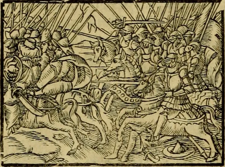 An illustration from Erste Theil der Hoffhaltung des Türckhischen Keysers vnd Othomañischen Reichs Beschreibung : darinn nicht allein der Türcken Empter ... sonder auch aller Türckischen Keysern Namen, Thaten, Krieg vnd Handel, so sie wider die Christen vnd Heyden haben verbracht, biss auff diss M.D.LXXVIII. Jar erstreckt vnd aussgeführet, auff das fleissigst verzeichnet vnd beschrieben : dessgleichen von der Türcken Aberglauben, Religion, Gottesdienst vnd Ceremonien ... : der ander Theil, wahrhaffte Beschreibung aller namhafften Geschichten, Thaten, Handlungen, Krieg ... so sich zwischen den Turcken vnd Christen vom Jar M.D.XX. biss auff das M.D.LXXVIII. Jar ... haben verloffen vnd zugetragen, 1578, leaf 215