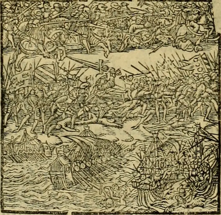 An illustration from Erste Theil der Hoffhaltung des Türckhischen Keysers vnd Othomañischen Reichs Beschreibung : darinn nicht allein der Türcken Empter ... sonder auch aller Türckischen Keysern Namen, Thaten, Krieg vnd Handel, so sie wider die Christen vnd Heyden haben verbracht, biss auff diss M.D.LXXVIII. Jar erstreckt vnd aussgeführet, auff das fleissigst verzeichnet vnd beschrieben : dessgleichen von der Türcken Aberglauben, Religion, Gottesdienst vnd Ceremonien ... : der ander Theil, wahrhaffte Beschreibung aller namhafften Geschichten, Thaten, Handlungen, Krieg ... so sich zwischen den Turcken vnd Christen vom Jar M.D.XX. biss auff das M.D.LXXVIII. Jar ... haben verloffen vnd zugetragen, 1578, leaf 215