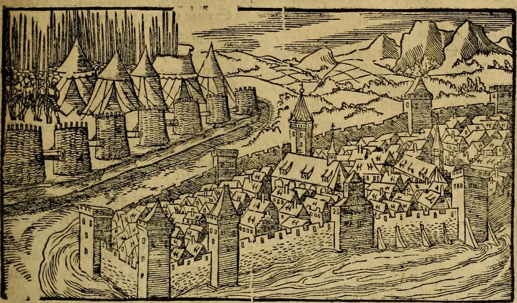 An illustration from Erste Theil der Hoffhaltung des Türckhischen Keysers vnd Othomañischen Reichs Beschreibung : darinn nicht allein der Türcken Empter ... sonder auch aller Türckischen Keysern Namen, Thaten, Krieg vnd Handel, so sie wider die Christen vnd Heyden haben verbracht, biss auff diss M.D.LXXVIII. Jar erstreckt vnd aussgeführet, auff das fleissigst verzeichnet vnd beschrieben : dessgleichen von der Türcken Aberglauben, Religion, Gottesdienst vnd Ceremonien ... : der ander Theil, wahrhaffte Beschreibung aller namhafften Geschichten, Thaten, Handlungen, Krieg ... so sich zwischen den Turcken vnd Christen vom Jar M.D.XX. biss auff das M.D.LXXVIII. Jar ... haben verloffen vnd zugetragen, 1578, leaf 216