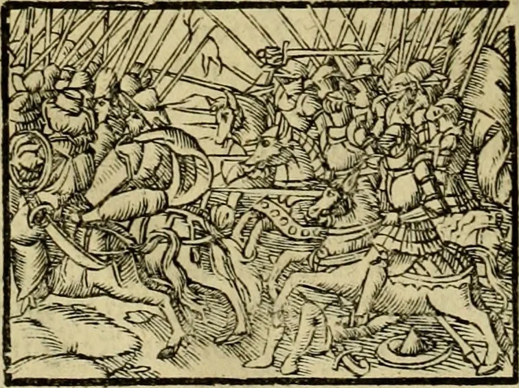 An illustration from Erste Theil der Hoffhaltung des Türckhischen Keysers vnd Othomañischen Reichs Beschreibung : darinn nicht allein der Türcken Empter ... sonder auch aller Türckischen Keysern Namen, Thaten, Krieg vnd Handel, so sie wider die Christen vnd Heyden haben verbracht, biss auff diss M.D.LXXVIII. Jar erstreckt vnd aussgeführet, auff das fleissigst verzeichnet vnd beschrieben : dessgleichen von der Türcken Aberglauben, Religion, Gottesdienst vnd Ceremonien ... : der ander Theil, wahrhaffte Beschreibung aller namhafften Geschichten, Thaten, Handlungen, Krieg ... so sich zwischen den Turcken vnd Christen vom Jar M.D.XX. biss auff das M.D.LXXVIII. Jar ... haben verloffen vnd zugetragen, 1578, leaf 217