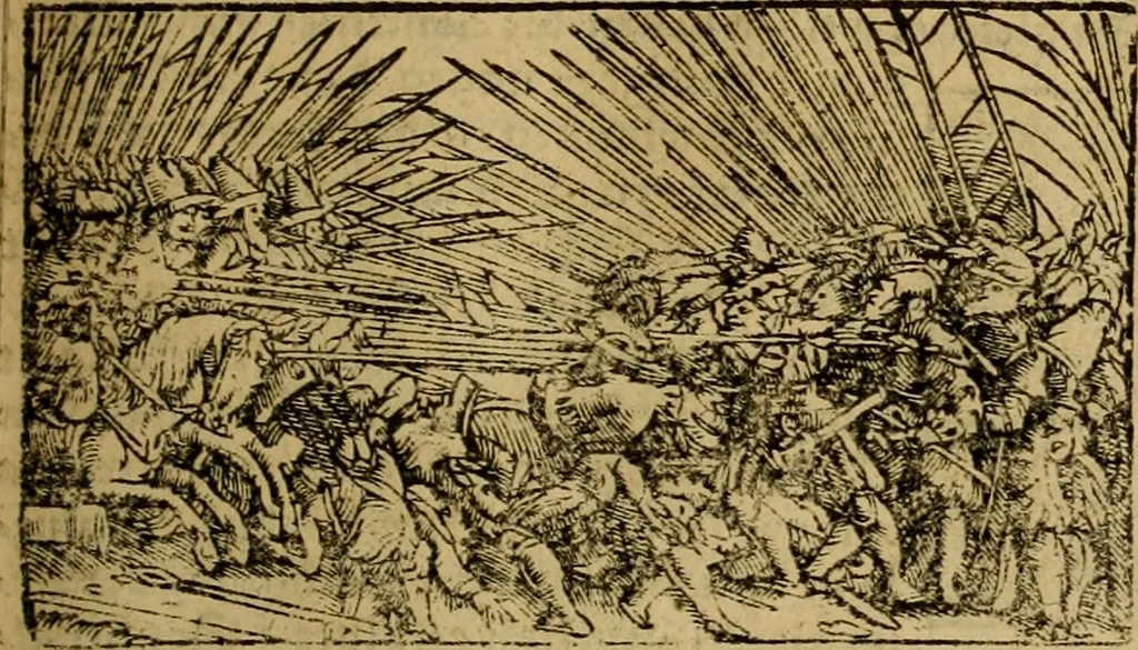 An illustration from Erste Theil der Hoffhaltung des Türckhischen Keysers vnd Othomañischen Reichs Beschreibung : darinn nicht allein der Türcken Empter ... sonder auch aller Türckischen Keysern Namen, Thaten, Krieg vnd Handel, so sie wider die Christen vnd Heyden haben verbracht, biss auff diss M.D.LXXVIII. Jar erstreckt vnd aussgeführet, auff das fleissigst verzeichnet vnd beschrieben : dessgleichen von der Türcken Aberglauben, Religion, Gottesdienst vnd Ceremonien ... : der ander Theil, wahrhaffte Beschreibung aller namhafften Geschichten, Thaten, Handlungen, Krieg ... so sich zwischen den Turcken vnd Christen vom Jar M.D.XX. biss auff das M.D.LXXVIII. Jar ... haben verloffen vnd zugetragen, 1578, leaf 218