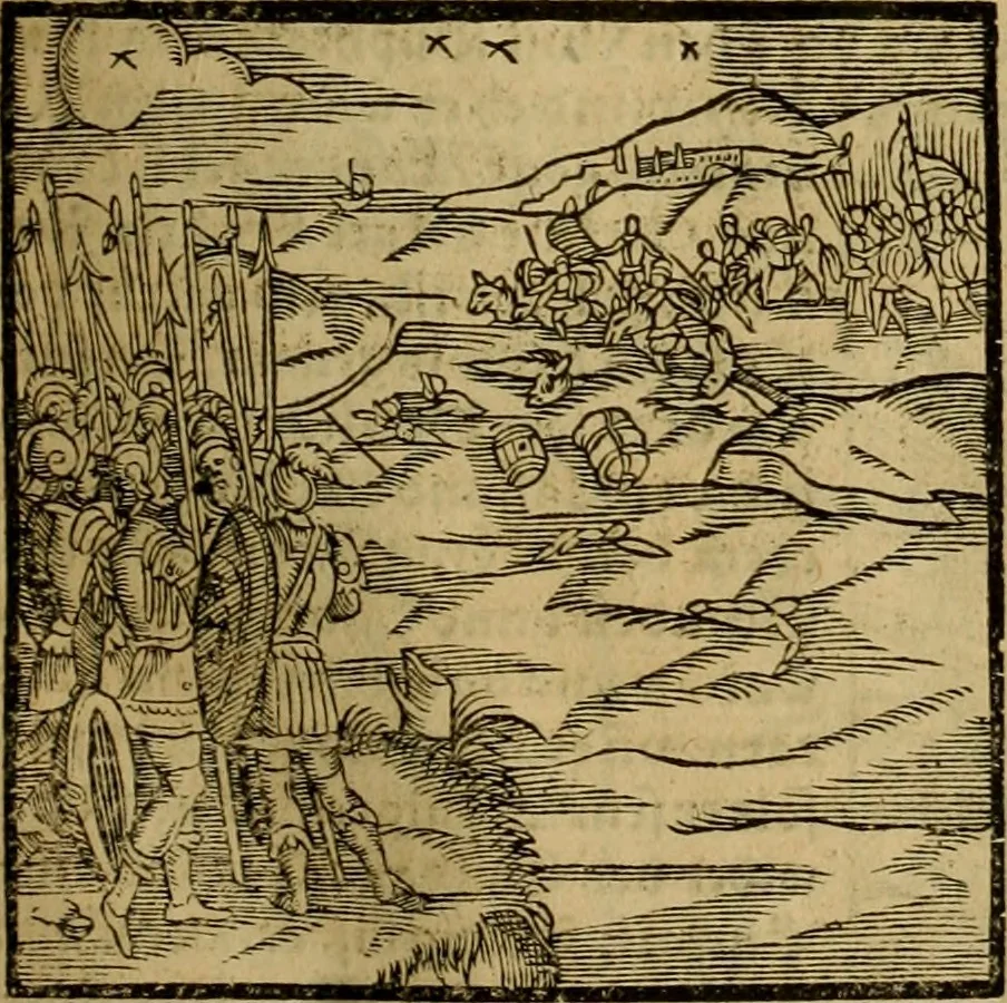 An illustration from Erste Theil der Hoffhaltung des Türckhischen Keysers vnd Othomañischen Reichs Beschreibung : darinn nicht allein der Türcken Empter ... sonder auch aller Türckischen Keysern Namen, Thaten, Krieg vnd Handel, so sie wider die Christen vnd Heyden haben verbracht, biss auff diss M.D.LXXVIII. Jar erstreckt vnd aussgeführet, auff das fleissigst verzeichnet vnd beschrieben : dessgleichen von der Türcken Aberglauben, Religion, Gottesdienst vnd Ceremonien ... : der ander Theil, wahrhaffte Beschreibung aller namhafften Geschichten, Thaten, Handlungen, Krieg ... so sich zwischen den Turcken vnd Christen vom Jar M.D.XX. biss auff das M.D.LXXVIII. Jar ... haben verloffen vnd zugetragen, 1578, leaf 218