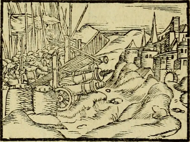 An illustration from Erste Theil der Hoffhaltung des Türckhischen Keysers vnd Othomañischen Reichs Beschreibung : darinn nicht allein der Türcken Empter ... sonder auch aller Türckischen Keysern Namen, Thaten, Krieg vnd Handel, so sie wider die Christen vnd Heyden haben verbracht, biss auff diss M.D.LXXVIII. Jar erstreckt vnd aussgeführet, auff das fleissigst verzeichnet vnd beschrieben : dessgleichen von der Türcken Aberglauben, Religion, Gottesdienst vnd Ceremonien ... : der ander Theil, wahrhaffte Beschreibung aller namhafften Geschichten, Thaten, Handlungen, Krieg ... so sich zwischen den Turcken vnd Christen vom Jar M.D.XX. biss auff das M.D.LXXVIII. Jar ... haben verloffen vnd zugetragen, 1578, leaf 221
