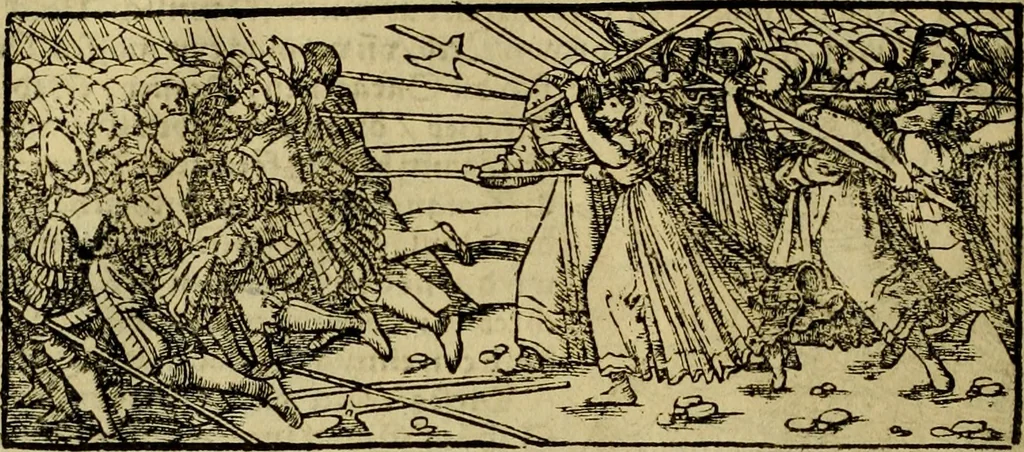 An illustration from Erste Theil der Hoffhaltung des Türckhischen Keysers vnd Othomañischen Reichs Beschreibung : darinn nicht allein der Türcken Empter ... sonder auch aller Türckischen Keysern Namen, Thaten, Krieg vnd Handel, so sie wider die Christen vnd Heyden haben verbracht, biss auff diss M.D.LXXVIII. Jar erstreckt vnd aussgeführet, auff das fleissigst verzeichnet vnd beschrieben : dessgleichen von der Türcken Aberglauben, Religion, Gottesdienst vnd Ceremonien ... : der ander Theil, wahrhaffte Beschreibung aller namhafften Geschichten, Thaten, Handlungen, Krieg ... so sich zwischen den Turcken vnd Christen vom Jar M.D.XX. biss auff das M.D.LXXVIII. Jar ... haben verloffen vnd zugetragen, 1578, leaf 229