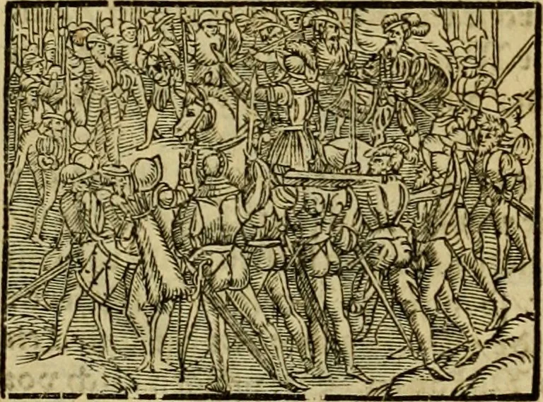 An illustration from Erste Theil der Hoffhaltung des Türckhischen Keysers vnd Othomañischen Reichs Beschreibung : darinn nicht allein der Türcken Empter ... sonder auch aller Türckischen Keysern Namen, Thaten, Krieg vnd Handel, so sie wider die Christen vnd Heyden haben verbracht, biss auff diss M.D.LXXVIII. Jar erstreckt vnd aussgeführet, auff das fleissigst verzeichnet vnd beschrieben : dessgleichen von der Türcken Aberglauben, Religion, Gottesdienst vnd Ceremonien ... : der ander Theil, wahrhaffte Beschreibung aller namhafften Geschichten, Thaten, Handlungen, Krieg ... so sich zwischen den Turcken vnd Christen vom Jar M.D.XX. biss auff das M.D.LXXVIII. Jar ... haben verloffen vnd zugetragen, 1578, leaf 23