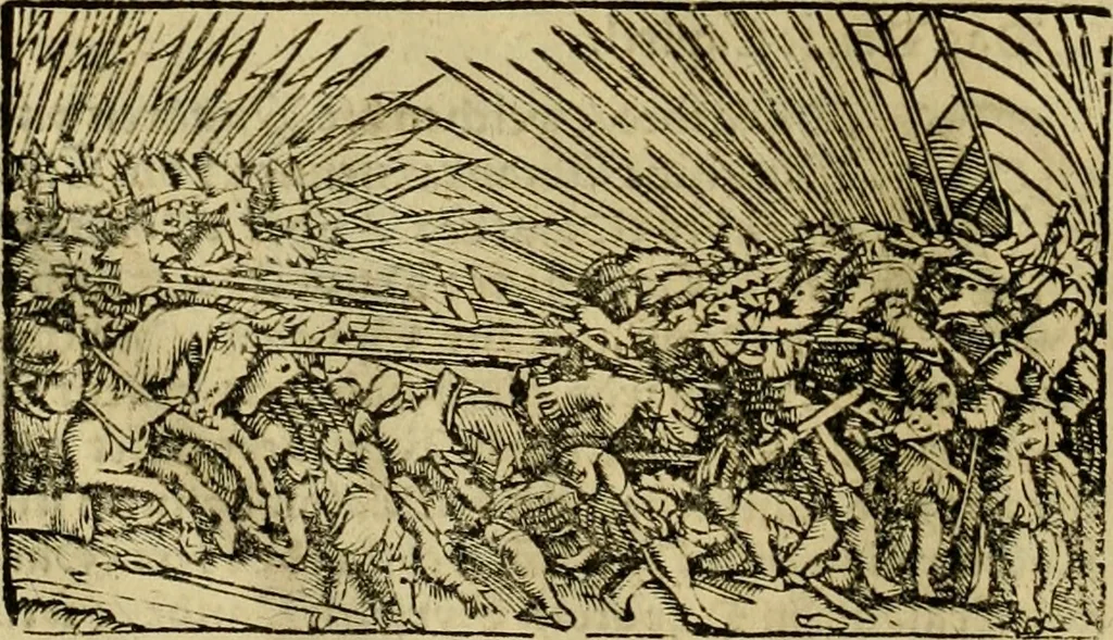 An illustration from Erste Theil der Hoffhaltung des Türckhischen Keysers vnd Othomañischen Reichs Beschreibung : darinn nicht allein der Türcken Empter ... sonder auch aller Türckischen Keysern Namen, Thaten, Krieg vnd Handel, so sie wider die Christen vnd Heyden haben verbracht, biss auff diss M.D.LXXVIII. Jar erstreckt vnd aussgeführet, auff das fleissigst verzeichnet vnd beschrieben : dessgleichen von der Türcken Aberglauben, Religion, Gottesdienst vnd Ceremonien ... : der ander Theil, wahrhaffte Beschreibung aller namhafften Geschichten, Thaten, Handlungen, Krieg ... so sich zwischen den Turcken vnd Christen vom Jar M.D.XX. biss auff das M.D.LXXVIII. Jar ... haben verloffen vnd zugetragen, 1578, leaf 235