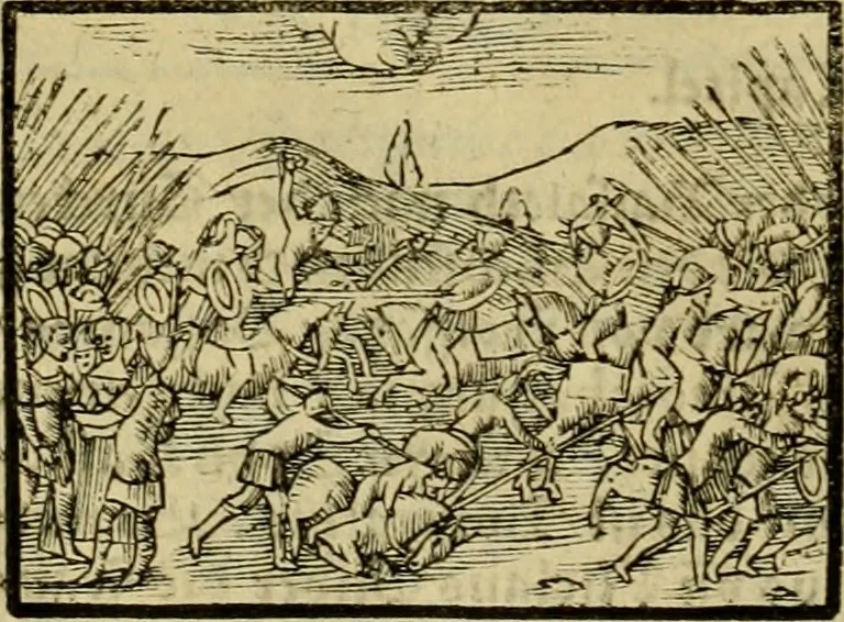 An illustration from Erste Theil der Hoffhaltung des Türckhischen Keysers vnd Othomañischen Reichs Beschreibung : darinn nicht allein der Türcken Empter ... sonder auch aller Türckischen Keysern Namen, Thaten, Krieg vnd Handel, so sie wider die Christen vnd Heyden haben verbracht, biss auff diss M.D.LXXVIII. Jar erstreckt vnd aussgeführet, auff das fleissigst verzeichnet vnd beschrieben : dessgleichen von der Türcken Aberglauben, Religion, Gottesdienst vnd Ceremonien ... : der ander Theil, wahrhaffte Beschreibung aller namhafften Geschichten, Thaten, Handlungen, Krieg ... so sich zwischen den Turcken vnd Christen vom Jar M.D.XX. biss auff das M.D.LXXVIII. Jar ... haben verloffen vnd zugetragen, 1578, leaf 237