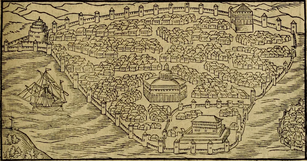An illustration from Erste Theil der Hoffhaltung des Türckhischen Keysers vnd Othomañischen Reichs Beschreibung : darinn nicht allein der Türcken Empter ... sonder auch aller Türckischen Keysern Namen, Thaten, Krieg vnd Handel, so sie wider die Christen vnd Heyden haben verbracht, biss auff diss M.D.LXXVIII. Jar erstreckt vnd aussgeführet, auff das fleissigst verzeichnet vnd beschrieben : dessgleichen von der Türcken Aberglauben, Religion, Gottesdienst vnd Ceremonien ... : der ander Theil, wahrhaffte Beschreibung aller namhafften Geschichten, Thaten, Handlungen, Krieg ... so sich zwischen den Turcken vnd Christen vom Jar M.D.XX. biss auff das M.D.LXXVIII. Jar ... haben verloffen vnd zugetragen, 1578, leaf 238