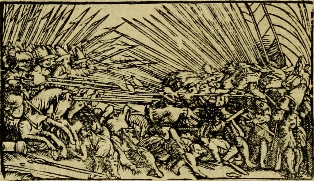 An illustration from Erste Theil der Hoffhaltung des Türckhischen Keysers vnd Othomañischen Reichs Beschreibung : darinn nicht allein der Türcken Empter ... sonder auch aller Türckischen Keysern Namen, Thaten, Krieg vnd Handel, so sie wider die Christen vnd Heyden haben verbracht, biss auff diss M.D.LXXVIII. Jar erstreckt vnd aussgeführet, auff das fleissigst verzeichnet vnd beschrieben : dessgleichen von der Türcken Aberglauben, Religion, Gottesdienst vnd Ceremonien ... : der ander Theil, wahrhaffte Beschreibung aller namhafften Geschichten, Thaten, Handlungen, Krieg ... so sich zwischen den Turcken vnd Christen vom Jar M.D.XX. biss auff das M.D.LXXVIII. Jar ... haben verloffen vnd zugetragen, 1578, leaf 239