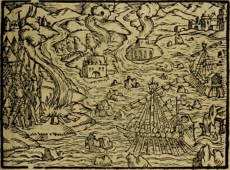 An illustration from Erste Theil der Hoffhaltung des Türckhischen Keysers vnd Othomañischen Reichs Beschreibung : darinn nicht allein der Türcken Empter ... sonder auch aller Türckischen Keysern Namen, Thaten, Krieg vnd Handel, so sie wider die Christen vnd Heyden haben verbracht, biss auff diss M.D.LXXVIII. Jar erstreckt vnd aussgeführet, auff das fleissigst verzeichnet vnd beschrieben : dessgleichen von der Türcken Aberglauben, Religion, Gottesdienst vnd Ceremonien ... : der ander Theil, wahrhaffte Beschreibung aller namhafften Geschichten, Thaten, Handlungen, Krieg ... so sich zwischen den Turcken vnd Christen vom Jar M.D.XX. biss auff das M.D.LXXVIII. Jar ... haben verloffen vnd zugetragen, 1578, leaf 242