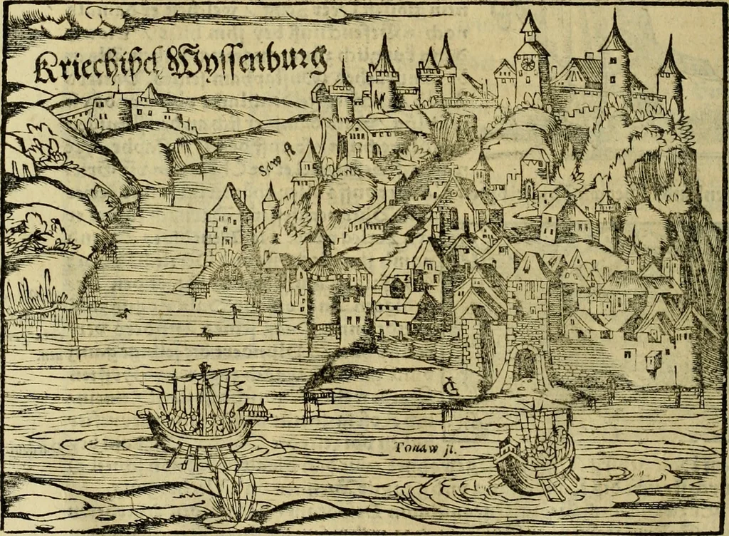 An illustration from Erste Theil der Hoffhaltung des Türckhischen Keysers vnd Othomañischen Reichs Beschreibung : darinn nicht allein der Türcken Empter ... sonder auch aller Türckischen Keysern Namen, Thaten, Krieg vnd Handel, so sie wider die Christen vnd Heyden haben verbracht, biss auff diss M.D.LXXVIII. Jar erstreckt vnd aussgeführet, auff das fleissigst verzeichnet vnd beschrieben : dessgleichen von der Türcken Aberglauben, Religion, Gottesdienst vnd Ceremonien ... : der ander Theil, wahrhaffte Beschreibung aller namhafften Geschichten, Thaten, Handlungen, Krieg ... so sich zwischen den Turcken vnd Christen vom Jar M.D.XX. biss auff das M.D.LXXVIII. Jar ... haben verloffen vnd zugetragen, 1578, leaf 243