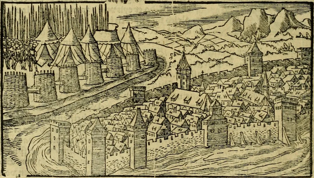 An illustration from Erste Theil der Hoffhaltung des Türckhischen Keysers vnd Othomañischen Reichs Beschreibung : darinn nicht allein der Türcken Empter ... sonder auch aller Türckischen Keysern Namen, Thaten, Krieg vnd Handel, so sie wider die Christen vnd Heyden haben verbracht, biss auff diss M.D.LXXVIII. Jar erstreckt vnd aussgeführet, auff das fleissigst verzeichnet vnd beschrieben : dessgleichen von der Türcken Aberglauben, Religion, Gottesdienst vnd Ceremonien ... : der ander Theil, wahrhaffte Beschreibung aller namhafften Geschichten, Thaten, Handlungen, Krieg ... so sich zwischen den Turcken vnd Christen vom Jar M.D.XX. biss auff das M.D.LXXVIII. Jar ... haben verloffen vnd zugetragen, 1578, leaf 249