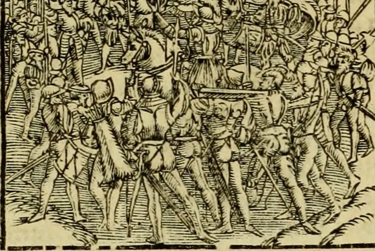 An illustration from Erste Theil der Hoffhaltung des Türckhischen Keysers vnd Othomañischen Reichs Beschreibung : darinn nicht allein der Türcken Empter ... sonder auch aller Türckischen Keysern Namen, Thaten, Krieg vnd Handel, so sie wider die Christen vnd Heyden haben verbracht, biss auff diss M.D.LXXVIII. Jar erstreckt vnd aussgeführet, auff das fleissigst verzeichnet vnd beschrieben : dessgleichen von der Türcken Aberglauben, Religion, Gottesdienst vnd Ceremonien ... : der ander Theil, wahrhaffte Beschreibung aller namhafften Geschichten, Thaten, Handlungen, Krieg ... so sich zwischen den Turcken vnd Christen vom Jar M.D.XX. biss auff das M.D.LXXVIII. Jar ... haben verloffen vnd zugetragen, 1578, leaf 25