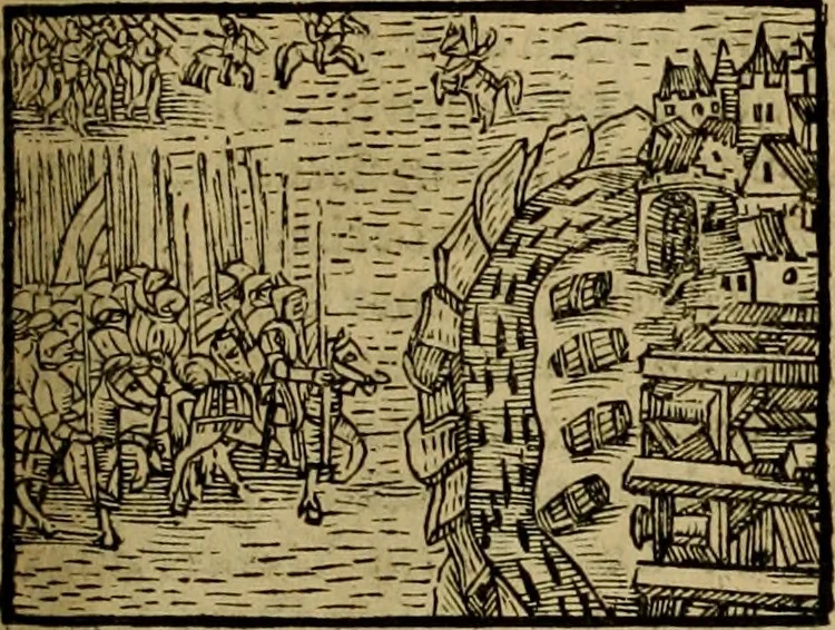 An illustration from Erste Theil der Hoffhaltung des Türckhischen Keysers vnd Othomañischen Reichs Beschreibung : darinn nicht allein der Türcken Empter ... sonder auch aller Türckischen Keysern Namen, Thaten, Krieg vnd Handel, so sie wider die Christen vnd Heyden haben verbracht, biss auff diss M.D.LXXVIII. Jar erstreckt vnd aussgeführet, auff das fleissigst verzeichnet vnd beschrieben : dessgleichen von der Türcken Aberglauben, Religion, Gottesdienst vnd Ceremonien ... : der ander Theil, wahrhaffte Beschreibung aller namhafften Geschichten, Thaten, Handlungen, Krieg ... so sich zwischen den Turcken vnd Christen vom Jar M.D.XX. biss auff das M.D.LXXVIII. Jar ... haben verloffen vnd zugetragen, 1578, leaf 250