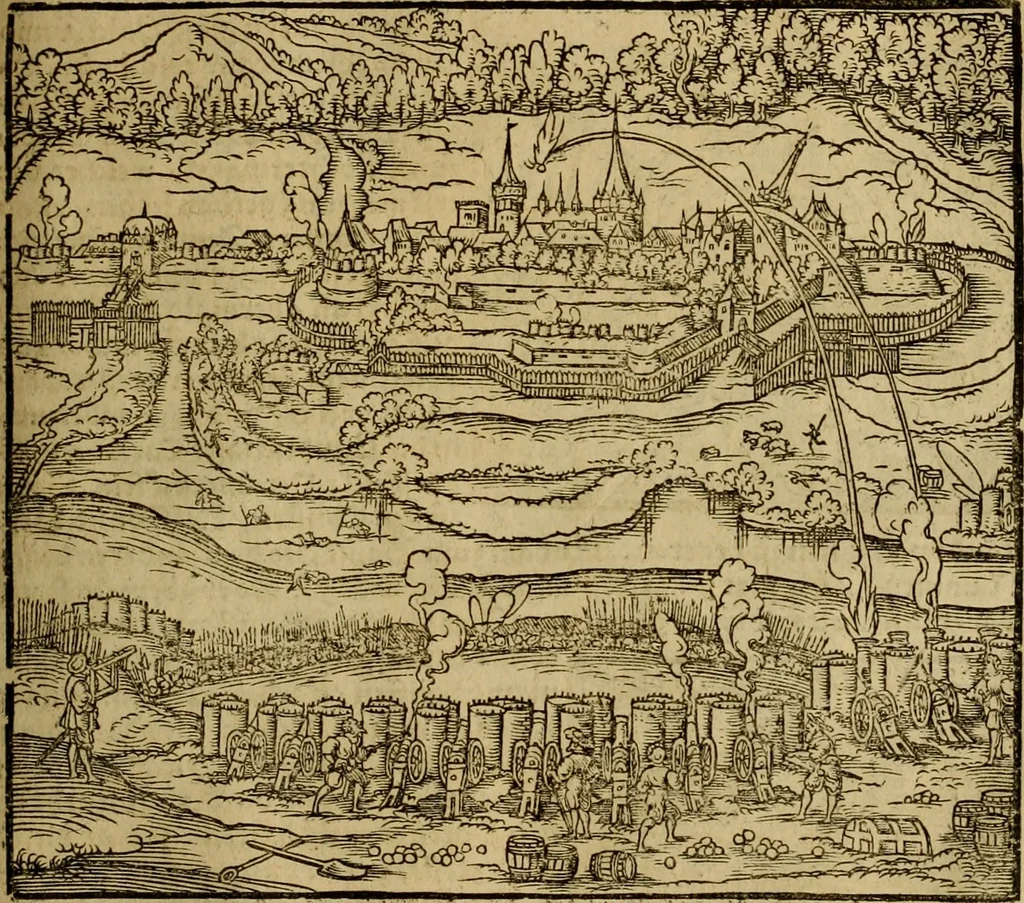 An illustration from Erste Theil der Hoffhaltung des Türckhischen Keysers vnd Othomañischen Reichs Beschreibung : darinn nicht allein der Türcken Empter ... sonder auch aller Türckischen Keysern Namen, Thaten, Krieg vnd Handel, so sie wider die Christen vnd Heyden haben verbracht, biss auff diss M.D.LXXVIII. Jar erstreckt vnd aussgeführet, auff das fleissigst verzeichnet vnd beschrieben : dessgleichen von der Türcken Aberglauben, Religion, Gottesdienst vnd Ceremonien ... : der ander Theil, wahrhaffte Beschreibung aller namhafften Geschichten, Thaten, Handlungen, Krieg ... so sich zwischen den Turcken vnd Christen vom Jar M.D.XX. biss auff das M.D.LXXVIII. Jar ... haben verloffen vnd zugetragen, 1578, leaf 252