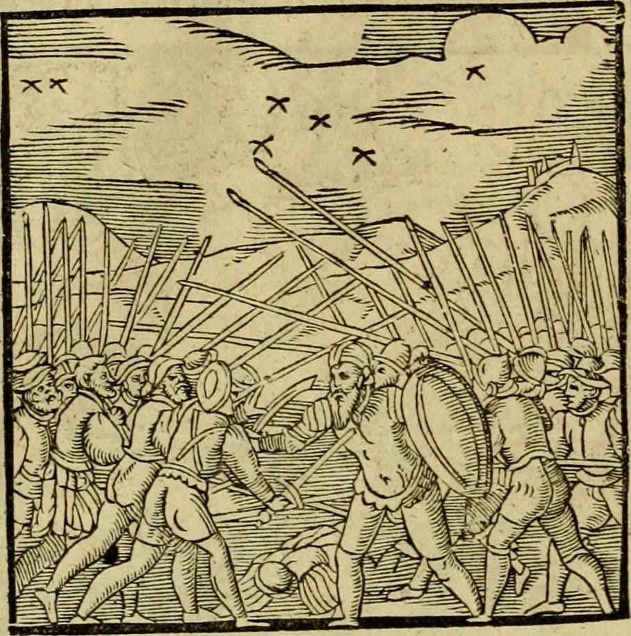 An illustration from Erste Theil der Hoffhaltung des Türckhischen Keysers vnd Othomañischen Reichs Beschreibung : darinn nicht allein der Türcken Empter ... sonder auch aller Türckischen Keysern Namen, Thaten, Krieg vnd Handel, so sie wider die Christen vnd Heyden haben verbracht, biss auff diss M.D.LXXVIII. Jar erstreckt vnd aussgeführet, auff das fleissigst verzeichnet vnd beschrieben : dessgleichen von der Türcken Aberglauben, Religion, Gottesdienst vnd Ceremonien ... : der ander Theil, wahrhaffte Beschreibung aller namhafften Geschichten, Thaten, Handlungen, Krieg ... so sich zwischen den Turcken vnd Christen vom Jar M.D.XX. biss auff das M.D.LXXVIII. Jar ... haben verloffen vnd zugetragen, 1578, leaf 253