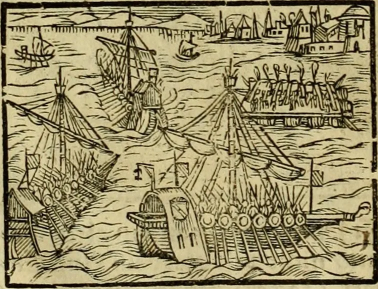 An illustration from Erste Theil der Hoffhaltung des Türckhischen Keysers vnd Othomañischen Reichs Beschreibung : darinn nicht allein der Türcken Empter ... sonder auch aller Türckischen Keysern Namen, Thaten, Krieg vnd Handel, so sie wider die Christen vnd Heyden haben verbracht, biss auff diss M.D.LXXVIII. Jar erstreckt vnd aussgeführet, auff das fleissigst verzeichnet vnd beschrieben : dessgleichen von der Türcken Aberglauben, Religion, Gottesdienst vnd Ceremonien ... : der ander Theil, wahrhaffte Beschreibung aller namhafften Geschichten, Thaten, Handlungen, Krieg ... so sich zwischen den Turcken vnd Christen vom Jar M.D.XX. biss auff das M.D.LXXVIII. Jar ... haben verloffen vnd zugetragen, 1578, leaf 253
