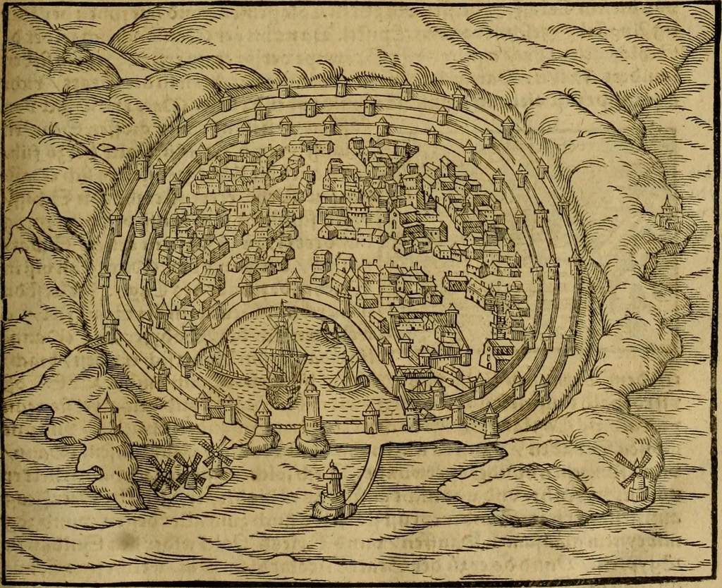 An illustration from Erste Theil der Hoffhaltung des Türckhischen Keysers vnd Othomañischen Reichs Beschreibung : darinn nicht allein der Türcken Empter ... sonder auch aller Türckischen Keysern Namen, Thaten, Krieg vnd Handel, so sie wider die Christen vnd Heyden haben verbracht, biss auff diss M.D.LXXVIII. Jar erstreckt vnd aussgeführet, auff das fleissigst verzeichnet vnd beschrieben : dessgleichen von der Türcken Aberglauben, Religion, Gottesdienst vnd Ceremonien ... : der ander Theil, wahrhaffte Beschreibung aller namhafften Geschichten, Thaten, Handlungen, Krieg ... so sich zwischen den Turcken vnd Christen vom Jar M.D.XX. biss auff das M.D.LXXVIII. Jar ... haben verloffen vnd zugetragen, 1578, leaf 254