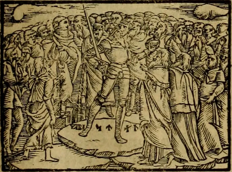 An illustration from Erste Theil der Hoffhaltung des Türckhischen Keysers vnd Othomañischen Reichs Beschreibung : darinn nicht allein der Türcken Empter ... sonder auch aller Türckischen Keysern Namen, Thaten, Krieg vnd Handel, so sie wider die Christen vnd Heyden haben verbracht, biss auff diss M.D.LXXVIII. Jar erstreckt vnd aussgeführet, auff das fleissigst verzeichnet vnd beschrieben : dessgleichen von der Türcken Aberglauben, Religion, Gottesdienst vnd Ceremonien ... : der ander Theil, wahrhaffte Beschreibung aller namhafften Geschichten, Thaten, Handlungen, Krieg ... so sich zwischen den Turcken vnd Christen vom Jar M.D.XX. biss auff das M.D.LXXVIII. Jar ... haben verloffen vnd zugetragen, 1578, leaf 258