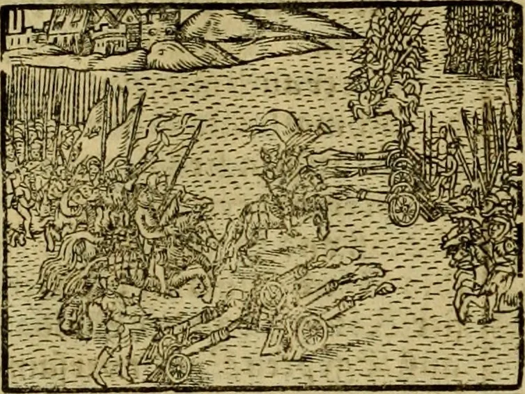 An illustration from Erste Theil der Hoffhaltung des Türckhischen Keysers vnd Othomañischen Reichs Beschreibung : darinn nicht allein der Türcken Empter ... sonder auch aller Türckischen Keysern Namen, Thaten, Krieg vnd Handel, so sie wider die Christen vnd Heyden haben verbracht, biss auff diss M.D.LXXVIII. Jar erstreckt vnd aussgeführet, auff das fleissigst verzeichnet vnd beschrieben : dessgleichen von der Türcken Aberglauben, Religion, Gottesdienst vnd Ceremonien ... : der ander Theil, wahrhaffte Beschreibung aller namhafften Geschichten, Thaten, Handlungen, Krieg ... so sich zwischen den Turcken vnd Christen vom Jar M.D.XX. biss auff das M.D.LXXVIII. Jar ... haben verloffen vnd zugetragen, 1578, leaf 269