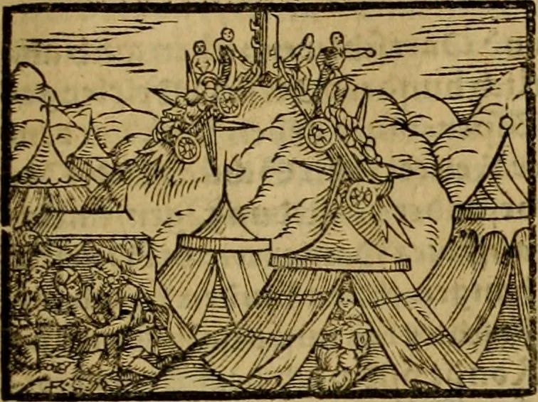 An illustration from Erste Theil der Hoffhaltung des Türckhischen Keysers vnd Othomañischen Reichs Beschreibung : darinn nicht allein der Türcken Empter ... sonder auch aller Türckischen Keysern Namen, Thaten, Krieg vnd Handel, so sie wider die Christen vnd Heyden haben verbracht, biss auff diss M.D.LXXVIII. Jar erstreckt vnd aussgeführet, auff das fleissigst verzeichnet vnd beschrieben : dessgleichen von der Türcken Aberglauben, Religion, Gottesdienst vnd Ceremonien ... : der ander Theil, wahrhaffte Beschreibung aller namhafften Geschichten, Thaten, Handlungen, Krieg ... so sich zwischen den Turcken vnd Christen vom Jar M.D.XX. biss auff das M.D.LXXVIII. Jar ... haben verloffen vnd zugetragen, 1578, leaf 28