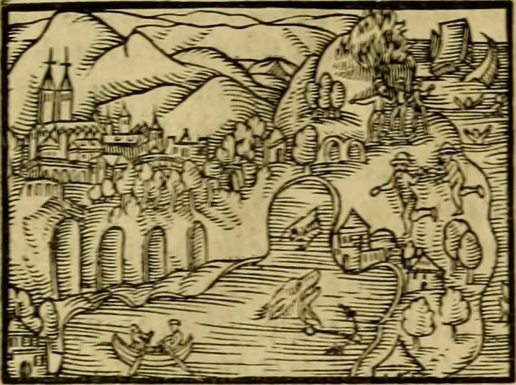 An illustration from Erste Theil der Hoffhaltung des Türckhischen Keysers vnd Othomañischen Reichs Beschreibung : darinn nicht allein der Türcken Empter ... sonder auch aller Türckischen Keysern Namen, Thaten, Krieg vnd Handel, so sie wider die Christen vnd Heyden haben verbracht, biss auff diss M.D.LXXVIII. Jar erstreckt vnd aussgeführet, auff das fleissigst verzeichnet vnd beschrieben : dessgleichen von der Türcken Aberglauben, Religion, Gottesdienst vnd Ceremonien ... : der ander Theil, wahrhaffte Beschreibung aller namhafften Geschichten, Thaten, Handlungen, Krieg ... so sich zwischen den Turcken vnd Christen vom Jar M.D.XX. biss auff das M.D.LXXVIII. Jar ... haben verloffen vnd zugetragen, 1578, leaf 285