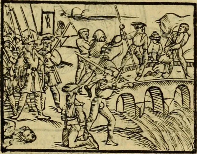 An illustration from Erste Theil der Hoffhaltung des Türckhischen Keysers vnd Othomañischen Reichs Beschreibung : darinn nicht allein der Türcken Empter ... sonder auch aller Türckischen Keysern Namen, Thaten, Krieg vnd Handel, so sie wider die Christen vnd Heyden haben verbracht, biss auff diss M.D.LXXVIII. Jar erstreckt vnd aussgeführet, auff das fleissigst verzeichnet vnd beschrieben : dessgleichen von der Türcken Aberglauben, Religion, Gottesdienst vnd Ceremonien ... : der ander Theil, wahrhaffte Beschreibung aller namhafften Geschichten, Thaten, Handlungen, Krieg ... so sich zwischen den Turcken vnd Christen vom Jar M.D.XX. biss auff das M.D.LXXVIII. Jar ... haben verloffen vnd zugetragen, 1578, leaf 31