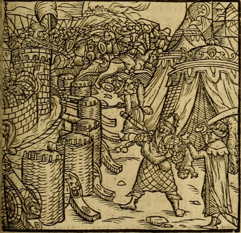 An illustration from Erste Theil der Hoffhaltung des Türckhischen Keysers vnd Othomañischen Reichs Beschreibung : darinn nicht allein der Türcken Empter ... sonder auch aller Türckischen Keysern Namen, Thaten, Krieg vnd Handel, so sie wider die Christen vnd Heyden haben verbracht, biss auff diss M.D.LXXVIII. Jar erstreckt vnd aussgeführet, auff das fleissigst verzeichnet vnd beschrieben : dessgleichen von der Türcken Aberglauben, Religion, Gottesdienst vnd Ceremonien ... : der ander Theil, wahrhaffte Beschreibung aller namhafften Geschichten, Thaten, Handlungen, Krieg ... so sich zwischen den Turcken vnd Christen vom Jar M.D.XX. biss auff das M.D.LXXVIII. Jar ... haben verloffen vnd zugetragen, 1578, leaf 324
