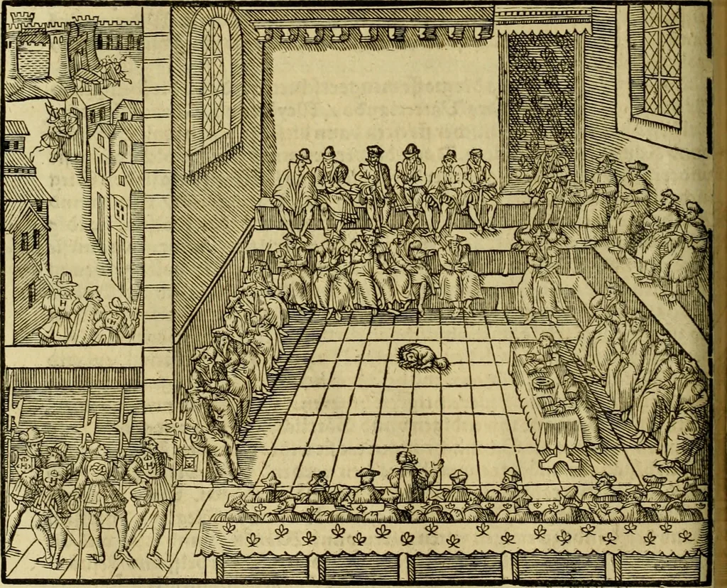 An illustration from Erste Theil der Hoffhaltung des Türckhischen Keysers vnd Othomañischen Reichs Beschreibung : darinn nicht allein der Türcken Empter ... sonder auch aller Türckischen Keysern Namen, Thaten, Krieg vnd Handel, so sie wider die Christen vnd Heyden haben verbracht, biss auff diss M.D.LXXVIII. Jar erstreckt vnd aussgeführet, auff das fleissigst verzeichnet vnd beschrieben : dessgleichen von der Türcken Aberglauben, Religion, Gottesdienst vnd Ceremonien ... : der ander Theil, wahrhaffte Beschreibung aller namhafften Geschichten, Thaten, Handlungen, Krieg ... so sich zwischen den Turcken vnd Christen vom Jar M.D.XX. biss auff das M.D.LXXVIII. Jar ... haben verloffen vnd zugetragen, 1578, leaf 331