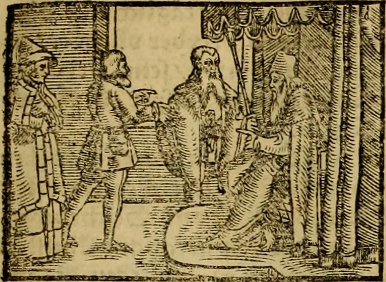 An illustration from Erste Theil der Hoffhaltung des Türckhischen Keysers vnd Othomañischen Reichs Beschreibung : darinn nicht allein der Türcken Empter ... sonder auch aller Türckischen Keysern Namen, Thaten, Krieg vnd Handel, so sie wider die Christen vnd Heyden haben verbracht, biss auff diss M.D.LXXVIII. Jar erstreckt vnd aussgeführet, auff das fleissigst verzeichnet vnd beschrieben : dessgleichen von der Türcken Aberglauben, Religion, Gottesdienst vnd Ceremonien ... : der ander Theil, wahrhaffte Beschreibung aller namhafften Geschichten, Thaten, Handlungen, Krieg ... so sich zwischen den Turcken vnd Christen vom Jar M.D.XX. biss auff das M.D.LXXVIII. Jar ... haben verloffen vnd zugetragen, 1578, leaf 34