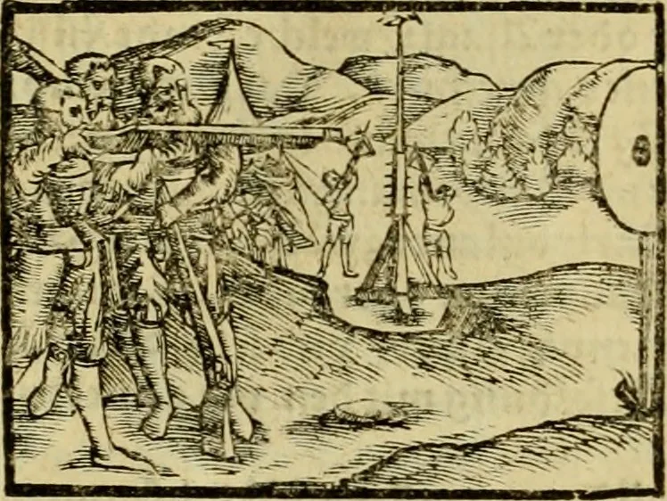 An illustration from Erste Theil der Hoffhaltung des Türckhischen Keysers vnd Othomañischen Reichs Beschreibung : darinn nicht allein der Türcken Empter ... sonder auch aller Türckischen Keysern Namen, Thaten, Krieg vnd Handel, so sie wider die Christen vnd Heyden haben verbracht, biss auff diss M.D.LXXVIII. Jar erstreckt vnd aussgeführet, auff das fleissigst verzeichnet vnd beschrieben : dessgleichen von der Türcken Aberglauben, Religion, Gottesdienst vnd Ceremonien ... : der ander Theil, wahrhaffte Beschreibung aller namhafften Geschichten, Thaten, Handlungen, Krieg ... so sich zwischen den Turcken vnd Christen vom Jar M.D.XX. biss auff das M.D.LXXVIII. Jar ... haben verloffen vnd zugetragen, 1578, leaf 35