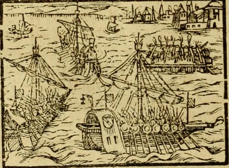 An illustration from Erste Theil der Hoffhaltung des Türckhischen Keysers vnd Othomañischen Reichs Beschreibung : darinn nicht allein der Türcken Empter ... sonder auch aller Türckischen Keysern Namen, Thaten, Krieg vnd Handel, so sie wider die Christen vnd Heyden haben verbracht, biss auff diss M.D.LXXVIII. Jar erstreckt vnd aussgeführet, auff das fleissigst verzeichnet vnd beschrieben : dessgleichen von der Türcken Aberglauben, Religion, Gottesdienst vnd Ceremonien ... : der ander Theil, wahrhaffte Beschreibung aller namhafften Geschichten, Thaten, Handlungen, Krieg ... so sich zwischen den Turcken vnd Christen vom Jar M.D.XX. biss auff das M.D.LXXVIII. Jar ... haben verloffen vnd zugetragen, 1578, leaf 369