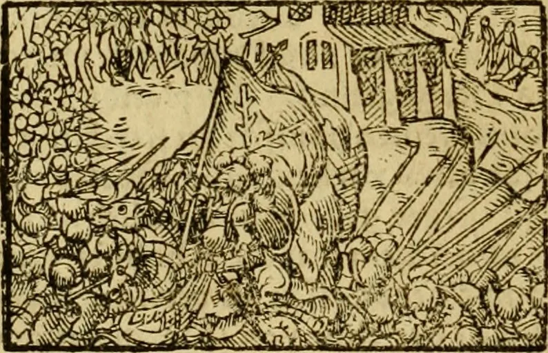 An illustration from Erste Theil der Hoffhaltung des Türckhischen Keysers vnd Othomañischen Reichs Beschreibung : darinn nicht allein der Türcken Empter ... sonder auch aller Türckischen Keysern Namen, Thaten, Krieg vnd Handel, so sie wider die Christen vnd Heyden haben verbracht, biss auff diss M.D.LXXVIII. Jar erstreckt vnd aussgeführet, auff das fleissigst verzeichnet vnd beschrieben : dessgleichen von der Türcken Aberglauben, Religion, Gottesdienst vnd Ceremonien ... : der ander Theil, wahrhaffte Beschreibung aller namhafften Geschichten, Thaten, Handlungen, Krieg ... so sich zwischen den Turcken vnd Christen vom Jar M.D.XX. biss auff das M.D.LXXVIII. Jar ... haben verloffen vnd zugetragen, 1578, leaf 371