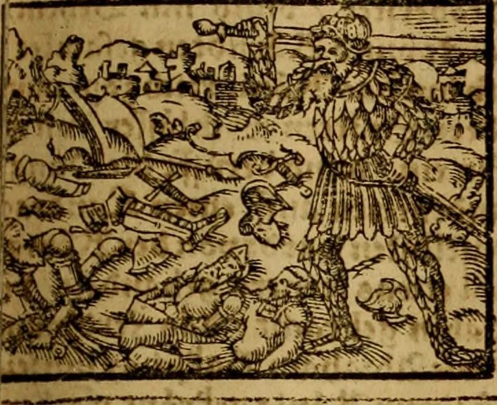 An illustration from Erste Theil der Hoffhaltung des Türckhischen Keysers vnd Othomañischen Reichs Beschreibung : darinn nicht allein der Türcken Empter ... sonder auch aller Türckischen Keysern Namen, Thaten, Krieg vnd Handel, so sie wider die Christen vnd Heyden haben verbracht, biss auff diss M.D.LXXVIII. Jar erstreckt vnd aussgeführet, auff das fleissigst verzeichnet vnd beschrieben : dessgleichen von der Türcken Aberglauben, Religion, Gottesdienst vnd Ceremonien ... : der ander Theil, wahrhaffte Beschreibung aller namhafften Geschichten, Thaten, Handlungen, Krieg ... so sich zwischen den Turcken vnd Christen vom Jar M.D.XX. biss auff das M.D.LXXVIII. Jar ... haben verloffen vnd zugetragen, 1578, leaf 374