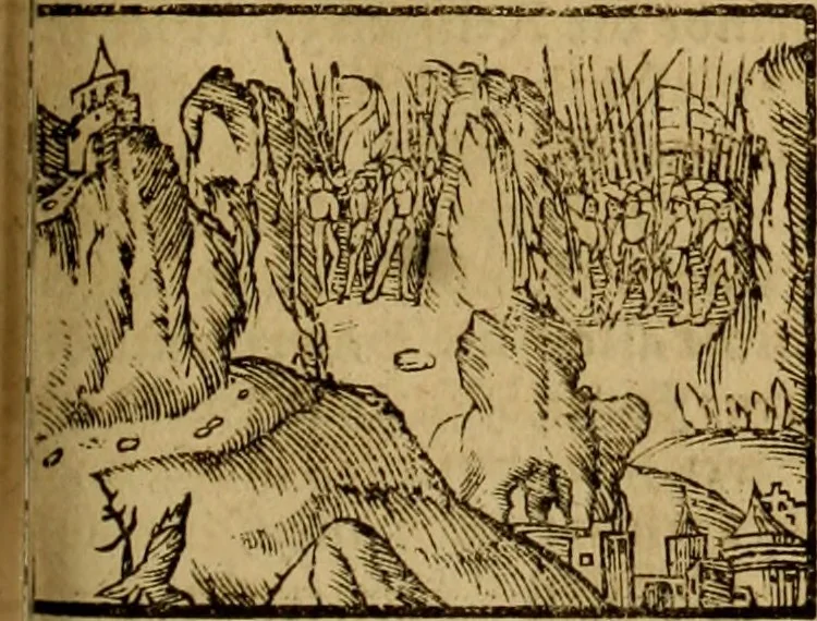 An illustration from Erste Theil der Hoffhaltung des Türckhischen Keysers vnd Othomañischen Reichs Beschreibung : darinn nicht allein der Türcken Empter ... sonder auch aller Türckischen Keysern Namen, Thaten, Krieg vnd Handel, so sie wider die Christen vnd Heyden haben verbracht, biss auff diss M.D.LXXVIII. Jar erstreckt vnd aussgeführet, auff das fleissigst verzeichnet vnd beschrieben : dessgleichen von der Türcken Aberglauben, Religion, Gottesdienst vnd Ceremonien ... : der ander Theil, wahrhaffte Beschreibung aller namhafften Geschichten, Thaten, Handlungen, Krieg ... so sich zwischen den Turcken vnd Christen vom Jar M.D.XX. biss auff das M.D.LXXVIII. Jar ... haben verloffen vnd zugetragen, 1578, leaf 376