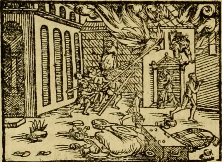 An illustration from Erste Theil der Hoffhaltung des Türckhischen Keysers vnd Othomañischen Reichs Beschreibung : darinn nicht allein der Türcken Empter ... sonder auch aller Türckischen Keysern Namen, Thaten, Krieg vnd Handel, so sie wider die Christen vnd Heyden haben verbracht, biss auff diss M.D.LXXVIII. Jar erstreckt vnd aussgeführet, auff das fleissigst verzeichnet vnd beschrieben : dessgleichen von der Türcken Aberglauben, Religion, Gottesdienst vnd Ceremonien ... : der ander Theil, wahrhaffte Beschreibung aller namhafften Geschichten, Thaten, Handlungen, Krieg ... so sich zwischen den Turcken vnd Christen vom Jar M.D.XX. biss auff das M.D.LXXVIII. Jar ... haben verloffen vnd zugetragen, 1578, leaf 377
