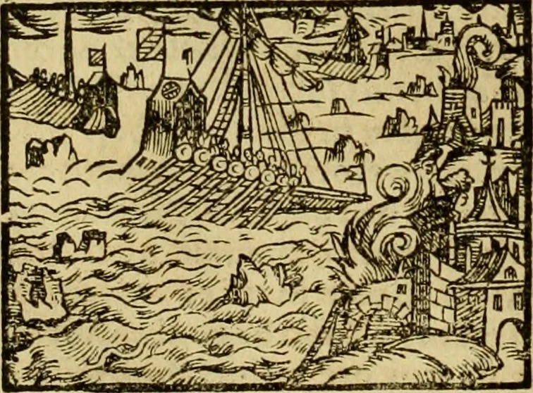 An illustration from Erste Theil der Hoffhaltung des Türckhischen Keysers vnd Othomañischen Reichs Beschreibung : darinn nicht allein der Türcken Empter ... sonder auch aller Türckischen Keysern Namen, Thaten, Krieg vnd Handel, so sie wider die Christen vnd Heyden haben verbracht, biss auff diss M.D.LXXVIII. Jar erstreckt vnd aussgeführet, auff das fleissigst verzeichnet vnd beschrieben : dessgleichen von der Türcken Aberglauben, Religion, Gottesdienst vnd Ceremonien ... : der ander Theil, wahrhaffte Beschreibung aller namhafften Geschichten, Thaten, Handlungen, Krieg ... so sich zwischen den Turcken vnd Christen vom Jar M.D.XX. biss auff das M.D.LXXVIII. Jar ... haben verloffen vnd zugetragen, 1578, leaf 377