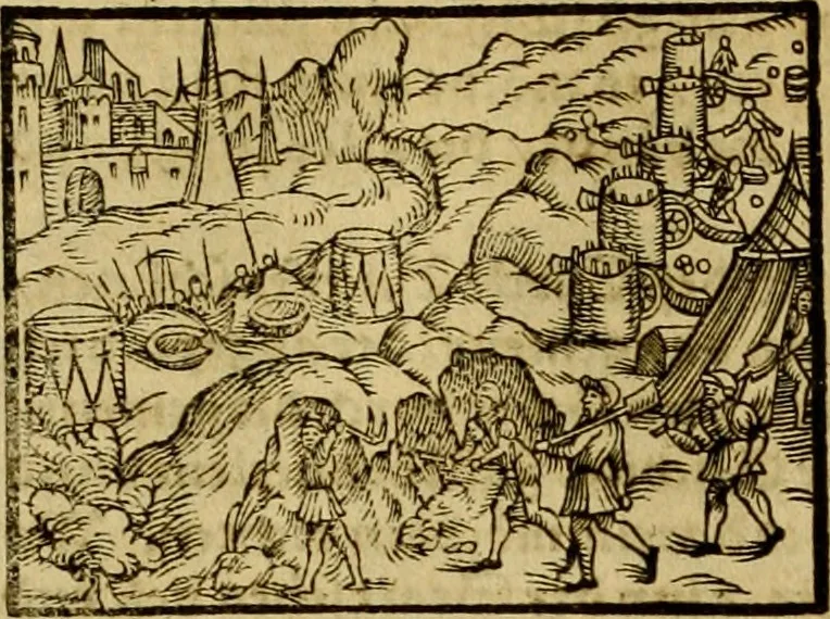 An illustration from Erste Theil der Hoffhaltung des Türckhischen Keysers vnd Othomañischen Reichs Beschreibung : darinn nicht allein der Türcken Empter ... sonder auch aller Türckischen Keysern Namen, Thaten, Krieg vnd Handel, so sie wider die Christen vnd Heyden haben verbracht, biss auff diss M.D.LXXVIII. Jar erstreckt vnd aussgeführet, auff das fleissigst verzeichnet vnd beschrieben : dessgleichen von der Türcken Aberglauben, Religion, Gottesdienst vnd Ceremonien ... : der ander Theil, wahrhaffte Beschreibung aller namhafften Geschichten, Thaten, Handlungen, Krieg ... so sich zwischen den Turcken vnd Christen vom Jar M.D.XX. biss auff das M.D.LXXVIII. Jar ... haben verloffen vnd zugetragen, 1578, leaf 379