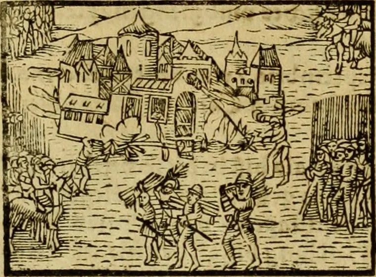 An illustration from Erste Theil der Hoffhaltung des Türckhischen Keysers vnd Othomañischen Reichs Beschreibung : darinn nicht allein der Türcken Empter ... sonder auch aller Türckischen Keysern Namen, Thaten, Krieg vnd Handel, so sie wider die Christen vnd Heyden haben verbracht, biss auff diss M.D.LXXVIII. Jar erstreckt vnd aussgeführet, auff das fleissigst verzeichnet vnd beschrieben : dessgleichen von der Türcken Aberglauben, Religion, Gottesdienst vnd Ceremonien ... : der ander Theil, wahrhaffte Beschreibung aller namhafften Geschichten, Thaten, Handlungen, Krieg ... so sich zwischen den Turcken vnd Christen vom Jar M.D.XX. biss auff das M.D.LXXVIII. Jar ... haben verloffen vnd zugetragen, 1578, leaf 379