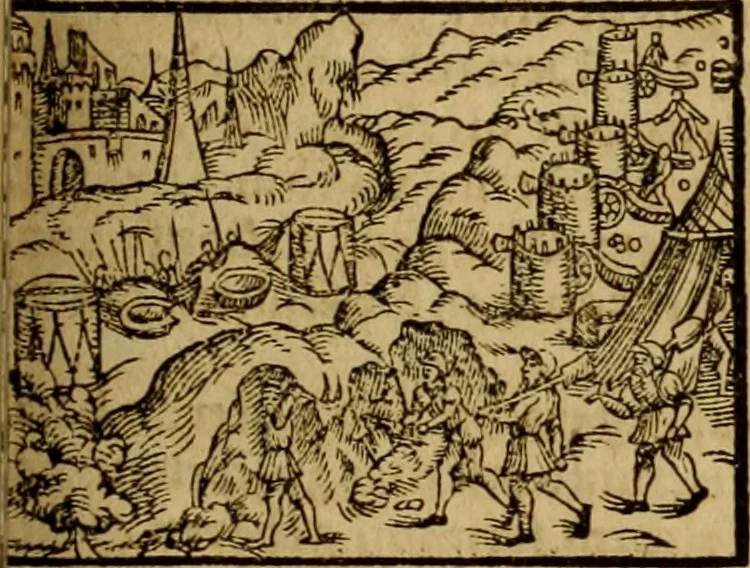 An illustration from Erste Theil der Hoffhaltung des Türckhischen Keysers vnd Othomañischen Reichs Beschreibung : darinn nicht allein der Türcken Empter ... sonder auch aller Türckischen Keysern Namen, Thaten, Krieg vnd Handel, so sie wider die Christen vnd Heyden haben verbracht, biss auff diss M.D.LXXVIII. Jar erstreckt vnd aussgeführet, auff das fleissigst verzeichnet vnd beschrieben : dessgleichen von der Türcken Aberglauben, Religion, Gottesdienst vnd Ceremonien ... : der ander Theil, wahrhaffte Beschreibung aller namhafften Geschichten, Thaten, Handlungen, Krieg ... so sich zwischen den Turcken vnd Christen vom Jar M.D.XX. biss auff das M.D.LXXVIII. Jar ... haben verloffen vnd zugetragen, 1578, leaf 382
