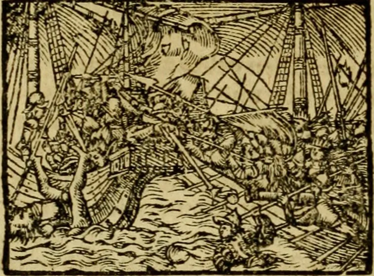 An illustration from Erste Theil der Hoffhaltung des Türckhischen Keysers vnd Othomañischen Reichs Beschreibung : darinn nicht allein der Türcken Empter ... sonder auch aller Türckischen Keysern Namen, Thaten, Krieg vnd Handel, so sie wider die Christen vnd Heyden haben verbracht, biss auff diss M.D.LXXVIII. Jar erstreckt vnd aussgeführet, auff das fleissigst verzeichnet vnd beschrieben : dessgleichen von der Türcken Aberglauben, Religion, Gottesdienst vnd Ceremonien ... : der ander Theil, wahrhaffte Beschreibung aller namhafften Geschichten, Thaten, Handlungen, Krieg ... so sich zwischen den Turcken vnd Christen vom Jar M.D.XX. biss auff das M.D.LXXVIII. Jar ... haben verloffen vnd zugetragen, 1578, leaf 383