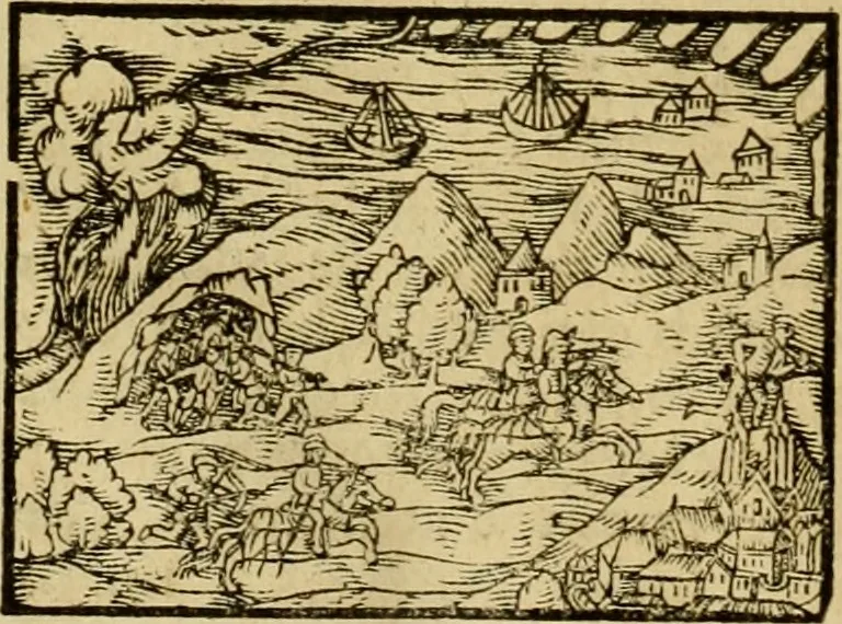 An illustration from Erste Theil der Hoffhaltung des Türckhischen Keysers vnd Othomañischen Reichs Beschreibung : darinn nicht allein der Türcken Empter ... sonder auch aller Türckischen Keysern Namen, Thaten, Krieg vnd Handel, so sie wider die Christen vnd Heyden haben verbracht, biss auff diss M.D.LXXVIII. Jar erstreckt vnd aussgeführet, auff das fleissigst verzeichnet vnd beschrieben : dessgleichen von der Türcken Aberglauben, Religion, Gottesdienst vnd Ceremonien ... : der ander Theil, wahrhaffte Beschreibung aller namhafften Geschichten, Thaten, Handlungen, Krieg ... so sich zwischen den Turcken vnd Christen vom Jar M.D.XX. biss auff das M.D.LXXVIII. Jar ... haben verloffen vnd zugetragen, 1578, leaf 387